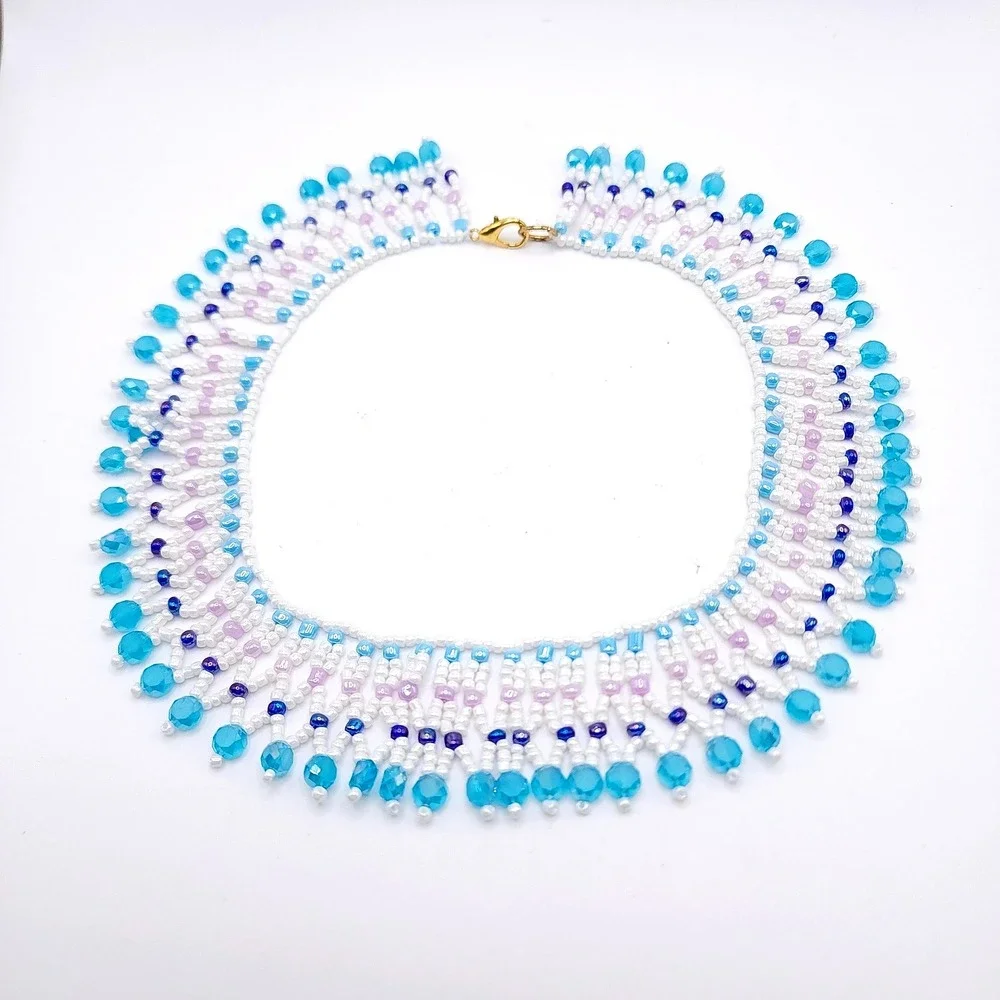 Aqua Blue Seed Bead Fringe Necklace Handmade Glass Collar Statement